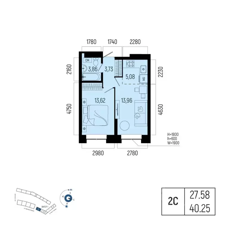 2-к кв. Башкортостан, Уфа Глумилино-1 мкр, Новатор жилой комплекс ... - Фото 1