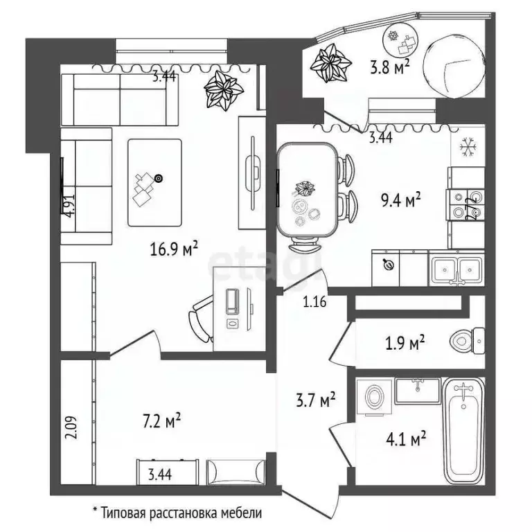 1-к кв. Тюменская область, Тюмень Широтная ул., 168 (43.2 м) - Фото 2