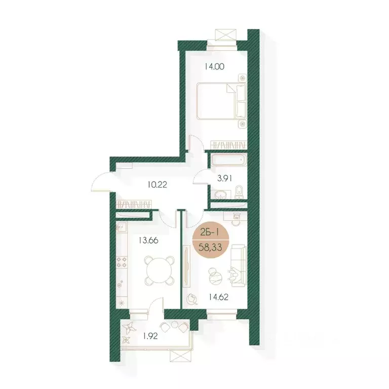 2-к кв. Татарстан, Казань Родины мкр, Наследие жилой комплекс (58.33 ... - Фото 1