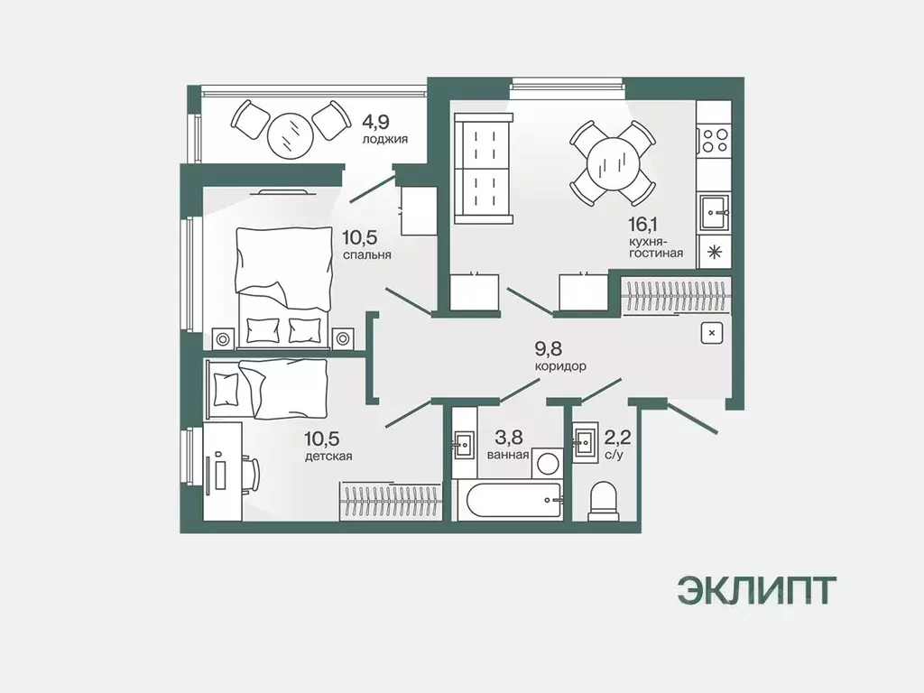 2-к кв. Тюменская область, Тюмень ул. Игоря Комиссарова, 24 (55.31 м) - Фото 2