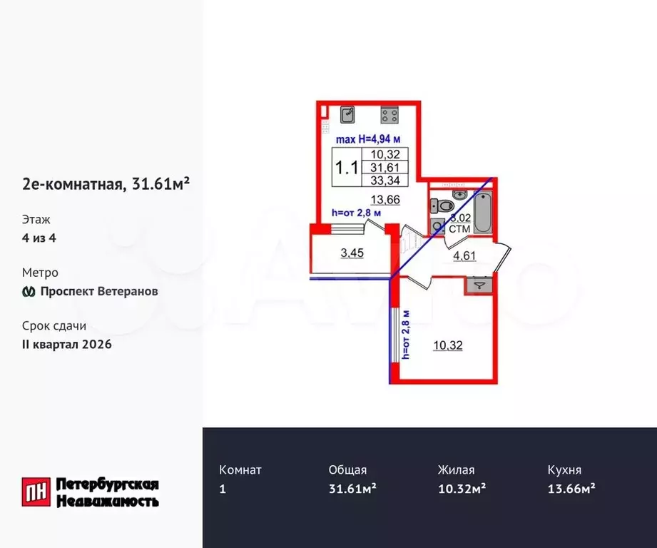 1-к. квартира, 31,6 м, 4/4 эт. - Фото 0