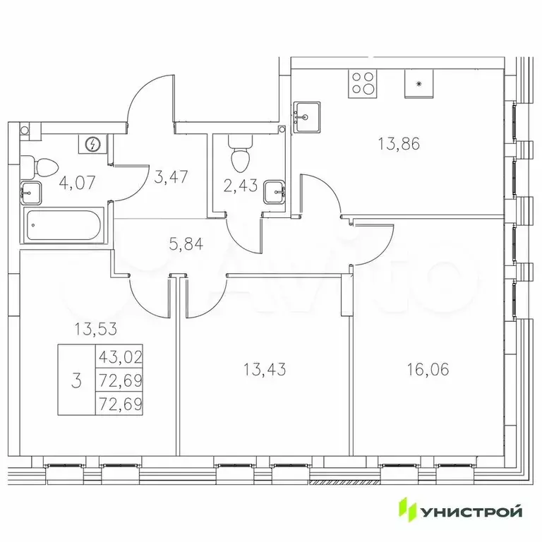 3-к. квартира, 72,7 м, 2/8 эт. - Фото 0