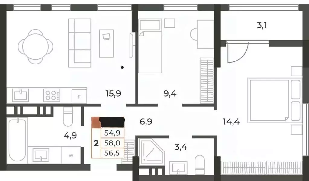 2-к кв. Крым, Симферополь ул. Караимская, 50 (58.0 м) - Фото 2