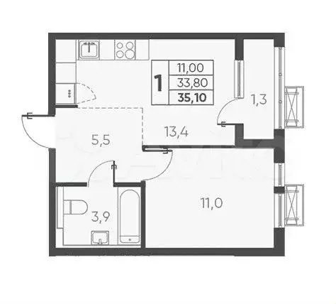 1-к. квартира, 35,1 м, 22/24 эт. - Фото 1