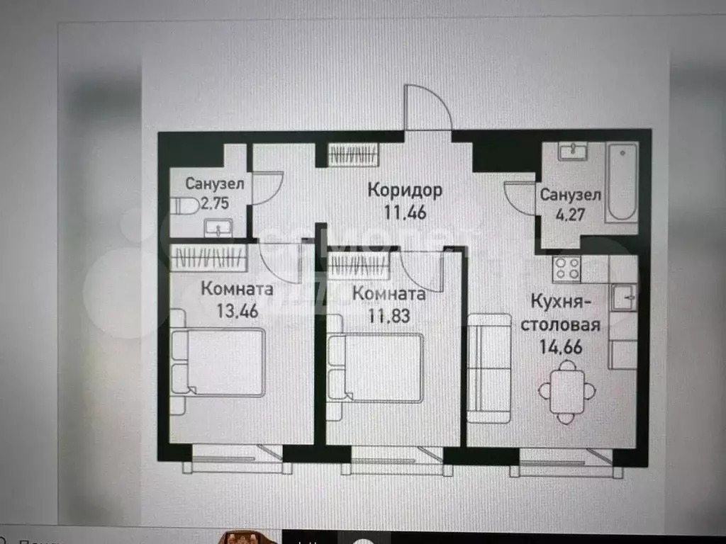 2-к. квартира, 59 м, 1/7 эт. - Фото 0