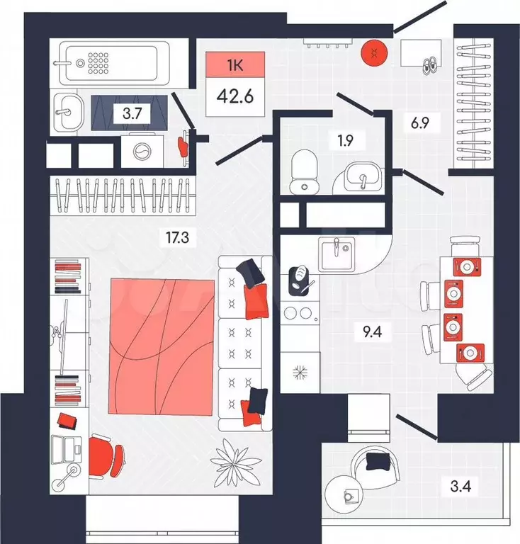 1-к. квартира, 42,6 м, 7/9 эт. - Фото 0