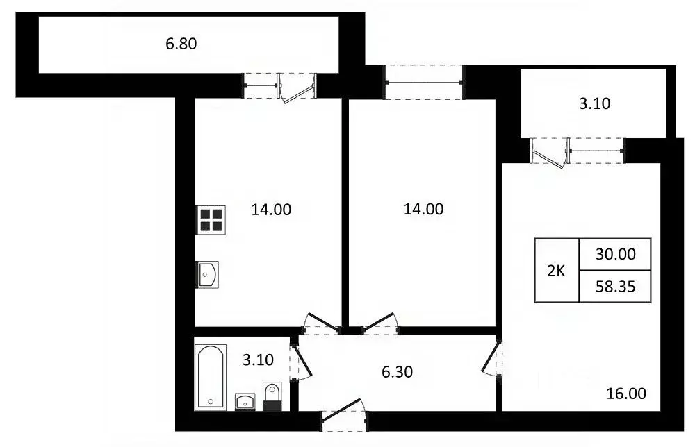 2-к кв. Новосибирская область, Новосибирск  (58.35 м) - Фото 0