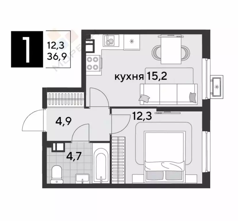 1-комнатная квартира: Краснодар, улица Героя Пешкова, 14к4 (36.9 м) - Фото 0