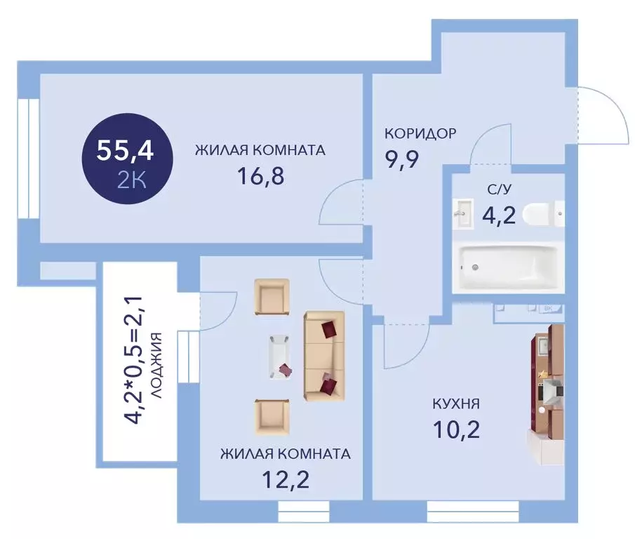 2-комнатная квартира: Анапа, улица Ленина, 241к1 (55.4 м) - Фото 1