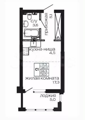 Квартира-студия, 31,8 м, 2/16 эт. - Фото 1