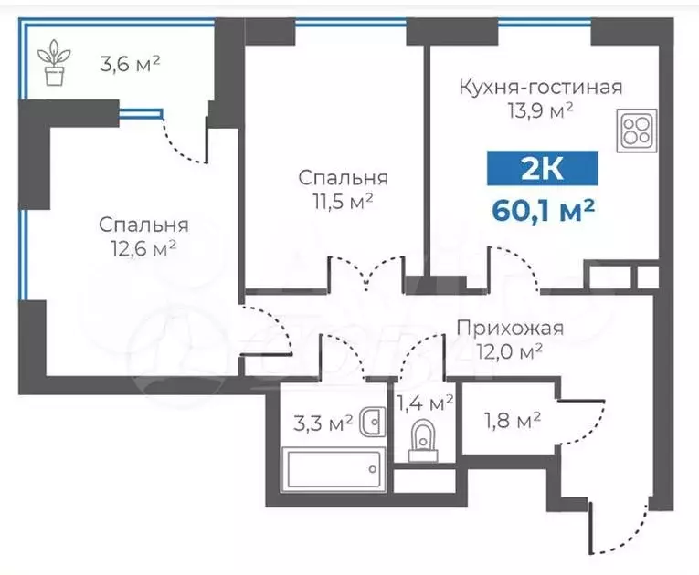 2-к. квартира, 61 м, 7/17 эт. - Фото 0