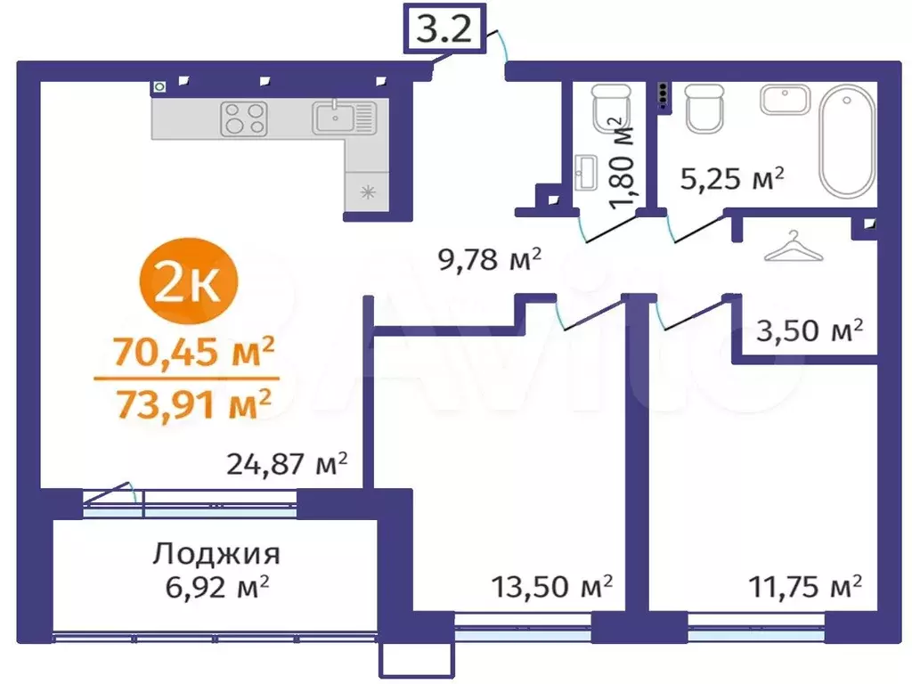 2-к. квартира, 70,5 м, 2/24 эт. - Фото 1