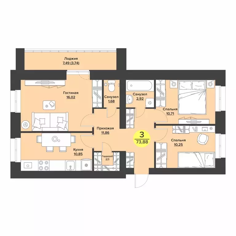 3-к квартира, 70.14 м - Фото 0