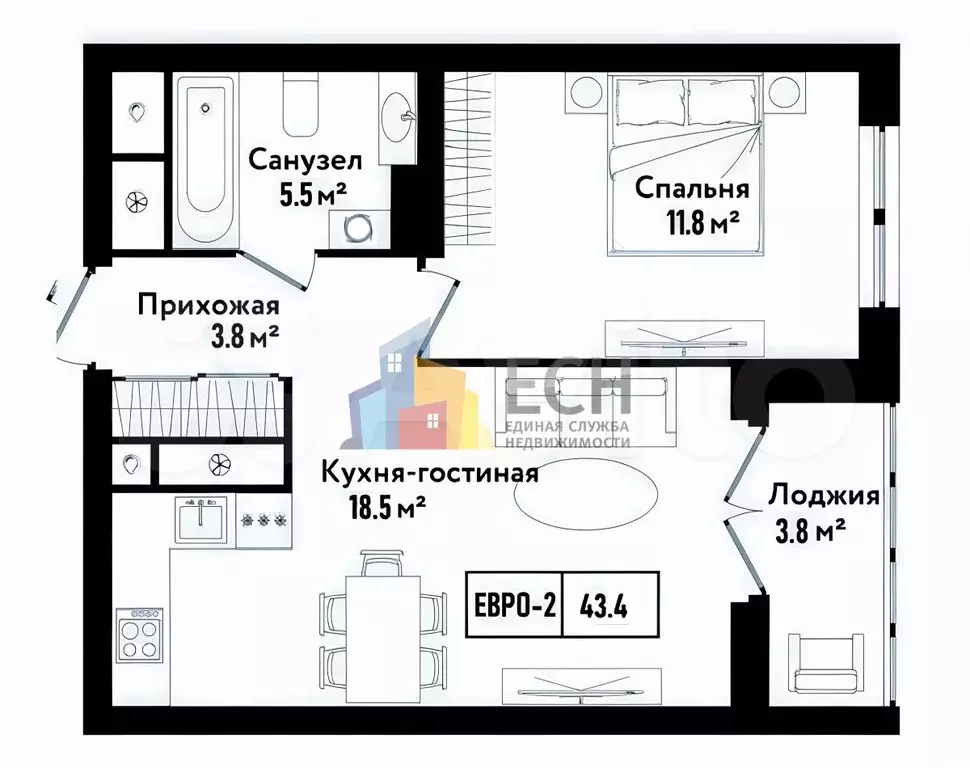 2-к. квартира, 43,4 м, 4/5 эт. - Фото 0