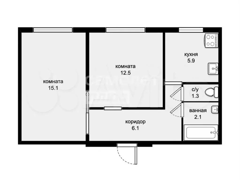 2-к. квартира, 43,5 м, 1/5 эт. - Фото 0