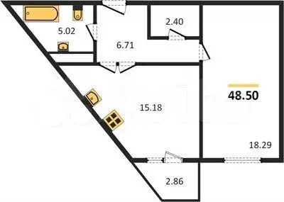 1-к. квартира, 48,5 м, 5/6 эт. - Фото 1