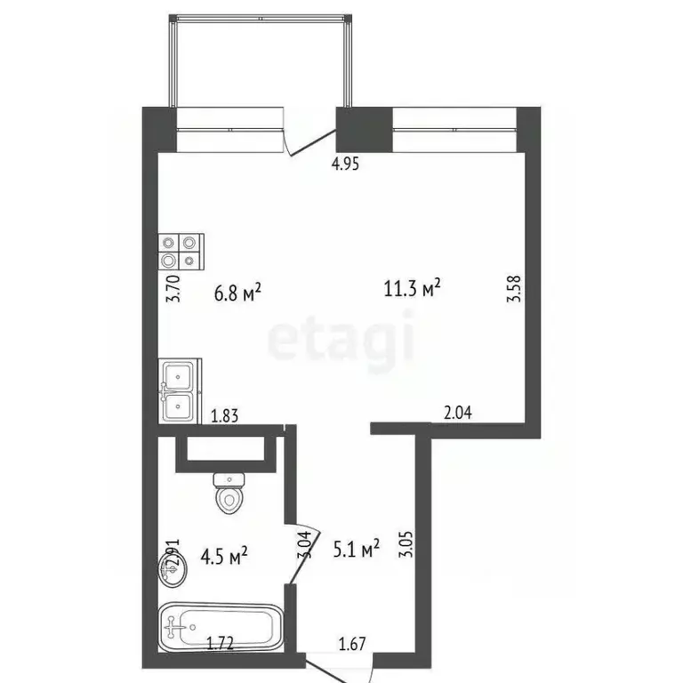 Студия Тюменская область, Тюмень ул. Андрея Кореневского, 5 (27.7 м) - Фото 2