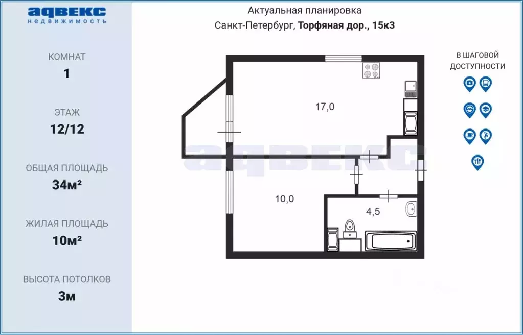 1-к кв. Санкт-Петербург дор. Торфяная, 15к3 (34.0 м) - Фото 0