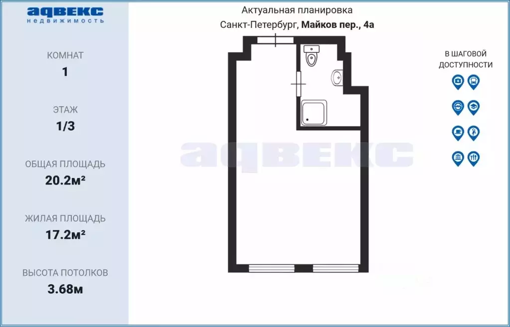 Студия Санкт-Петербург пер. Майков, 4а (20.2 м) - Фото 1