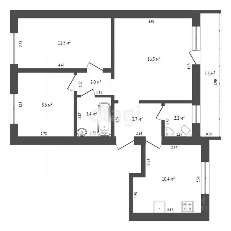 3-к кв. Ростовская область, Батайск ул. Энгельса, 39 (67.0 м) - Фото 1