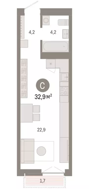 Квартира-студия: Новосибирск, Большевистская улица, 66 (32.88 м) - Фото 2