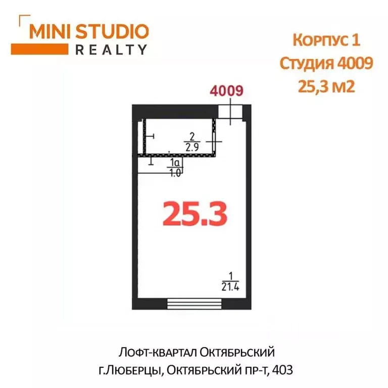 Студия Московская область, Люберцы Октябрьский просп., 403к1А (25.3 м) - Фото 2