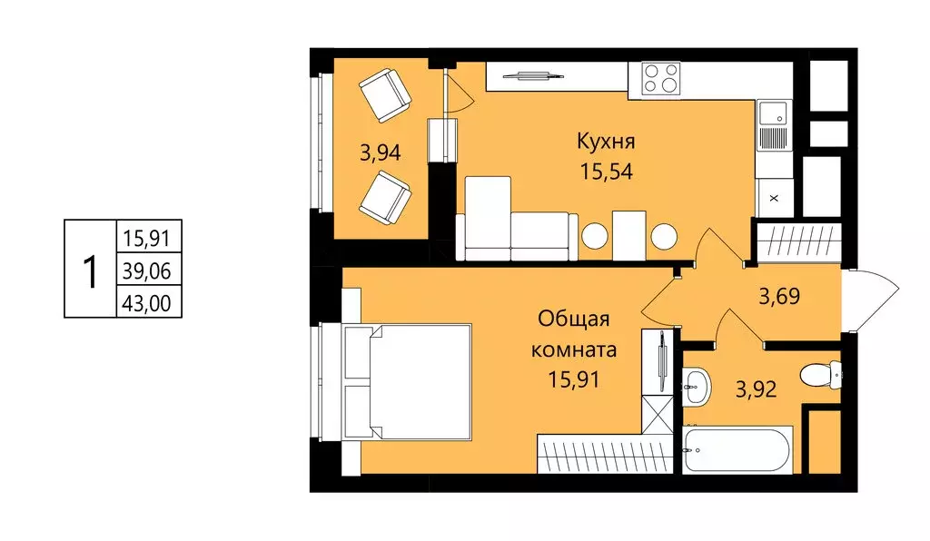 1-комнатная квартира: Саранск, проспект Российской Армии, 11А (39.06 ... - Фото 1