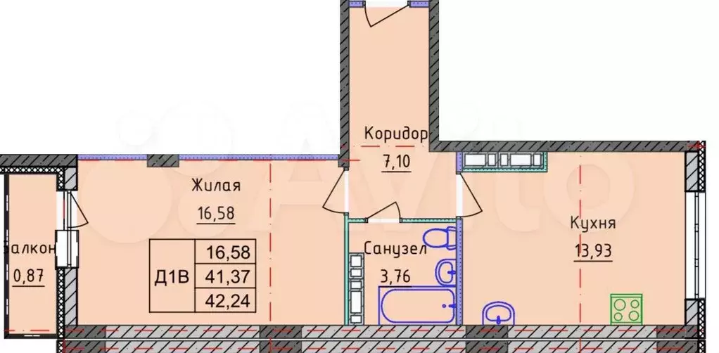 1-к. квартира, 42,2 м, 5/10 эт. - Фото 0