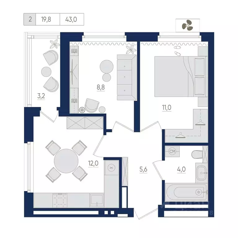 2-к кв. Башкортостан, Уфа ул. Евгения Столярова, 13 (43.0 м) - Фото 1
