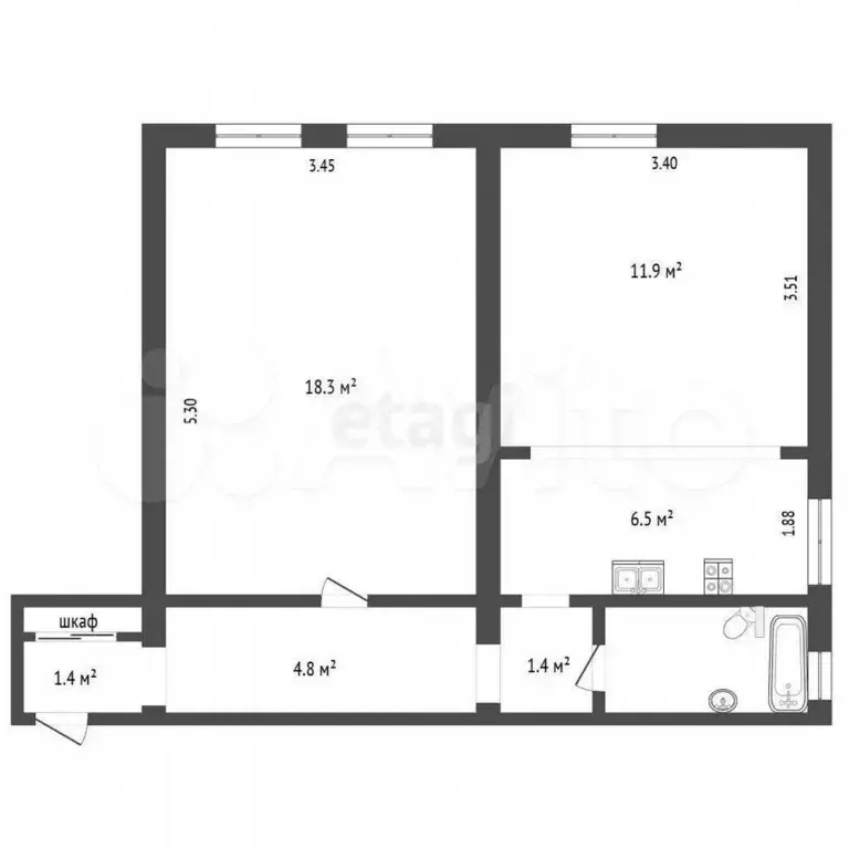 2-к. квартира, 47,5 м, 2/2 эт. - Фото 1