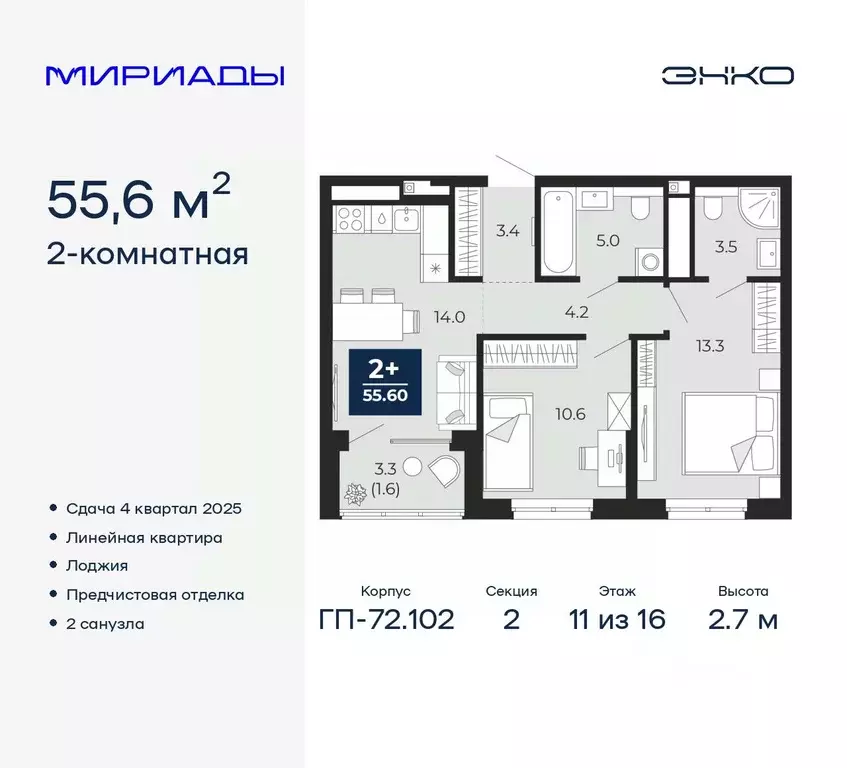 2-к кв. Тюменская область, Тюмень Мириады жилой комплекс (55.6 м) - Фото 0