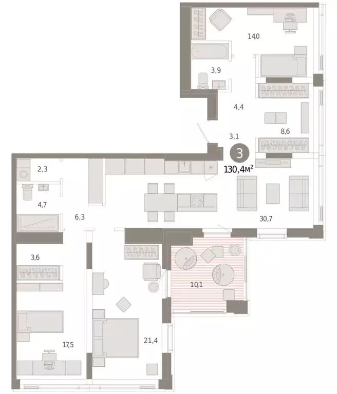 3-комнатная квартира: Тюмень, жилой комплекс Зарека (130.42 м) - Фото 1