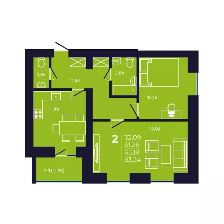 2-комнатная квартира: Уфа, улица Михаила Зайцева, 6 (63.4 м) - Фото 1