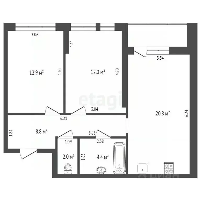 2-к кв. Тюменская область, Тюмень Полевая ул., 117к4 (60.9 м) - Фото 1