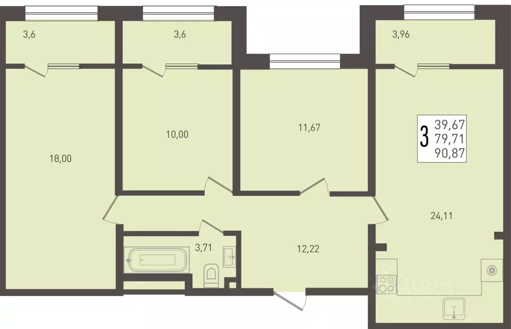 3-к кв. Краснодарский край, Краснодар Югге жилой комплекс (90.87 м) - Фото 1