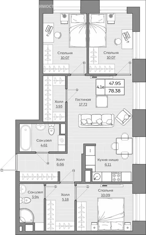4-комнатная квартира: Казань, ЖК Батталовский (78.38 м) - Фото 0