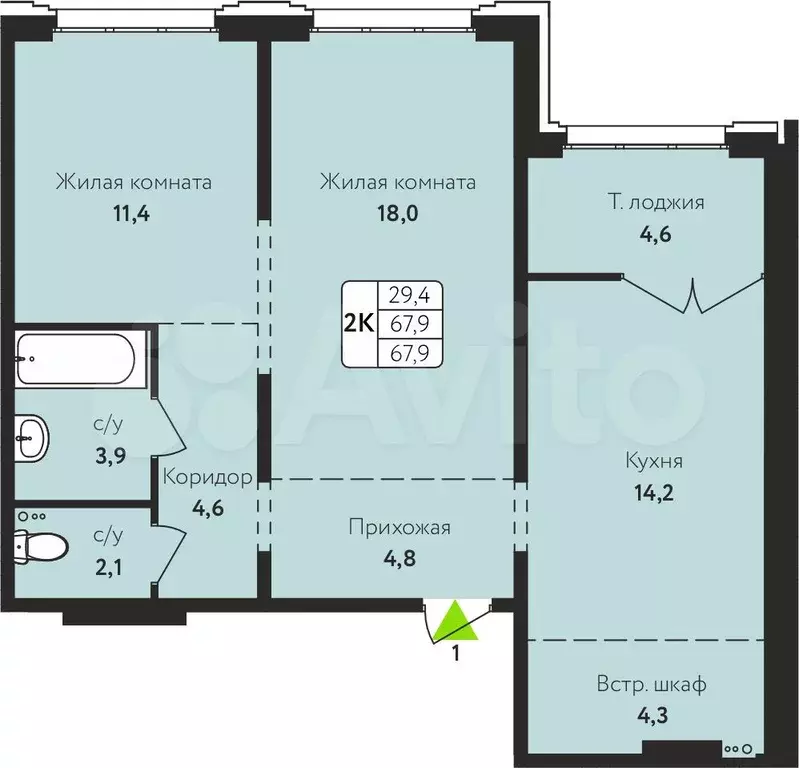 2-к. квартира, 67,9 м, 9/10 эт. - Фото 0