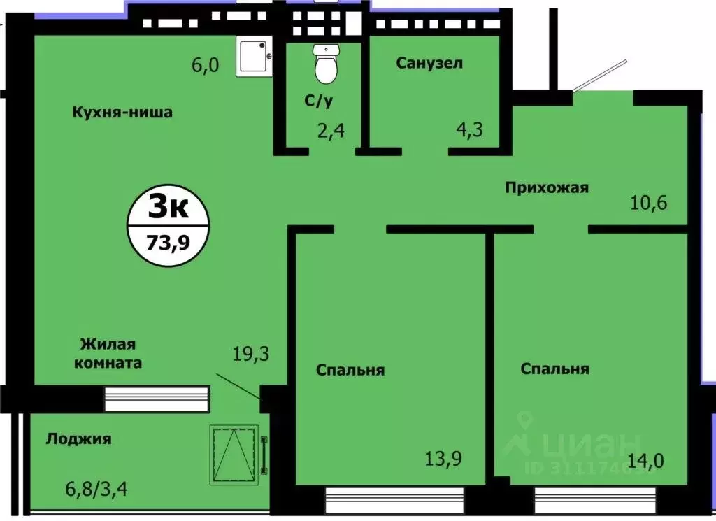 3-к кв. Красноярский край, Красноярск ул. Лесников, 51 (73.0 м) - Фото 1