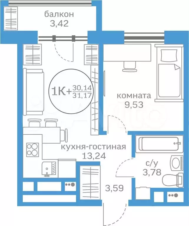 1-к. квартира, 30,1м, 19/20эт. - Фото 0