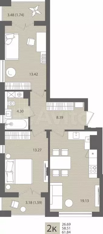 2-к. квартира, 61,8 м, 1/7 эт. - Фото 1