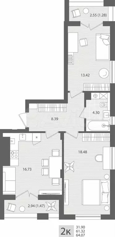 2-к. квартира, 64,1 м, 4/7 эт. - Фото 1