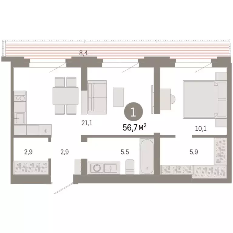 1-комнатная квартира: Тюмень, Причальная улица, 7 (56.73 м) - Фото 1