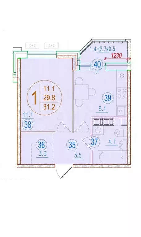 1-к. квартира, 31,2 м, 4/9 эт. - Фото 0