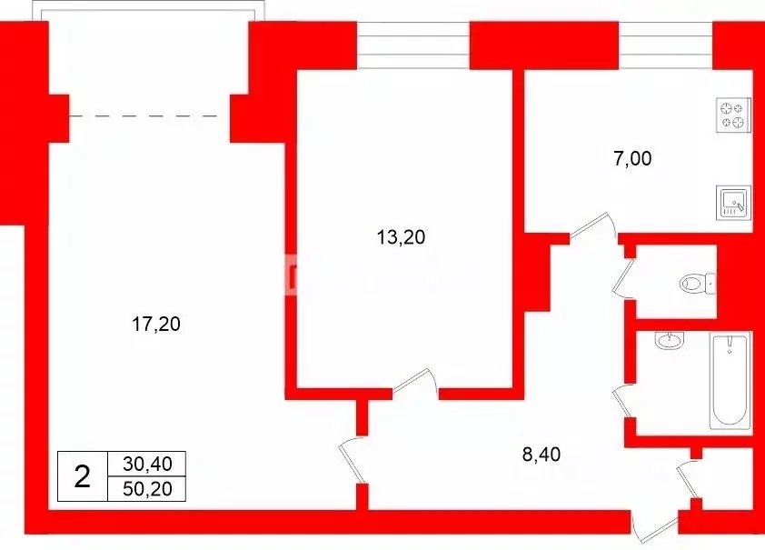 2-к кв. Санкт-Петербург ул. Коллонтай, 32к1 (50.2 м) - Фото 2