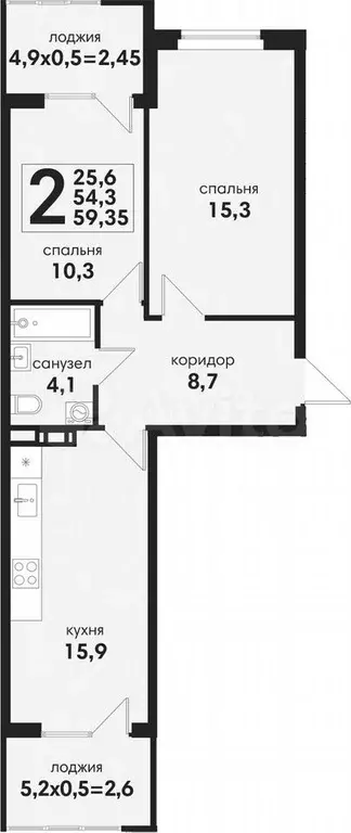 2-к. квартира, 59,4 м, 4/4 эт. - Фото 1