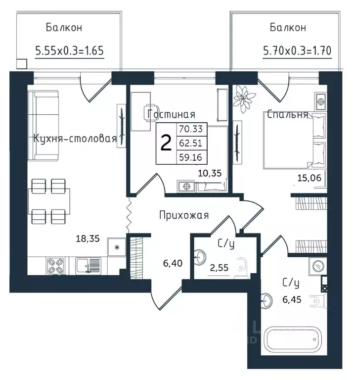 2-к кв. Калининградская область, Янтарный пгт ул. Советская (70.33 м) - Фото 1