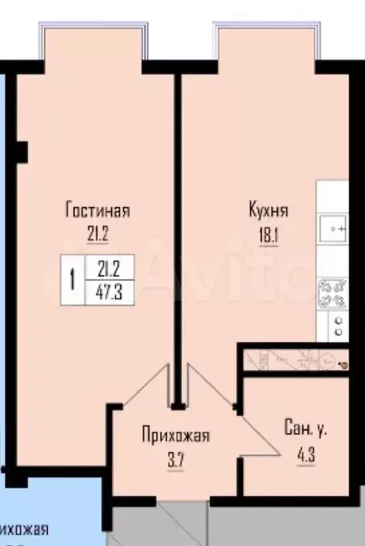 1-к. квартира, 47,3 м, 7/9 эт. - Фото 1