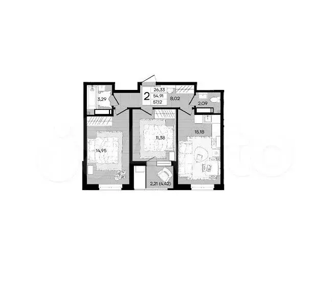 2-к. квартира, 57,1 м, 15/18 эт. - Фото 1