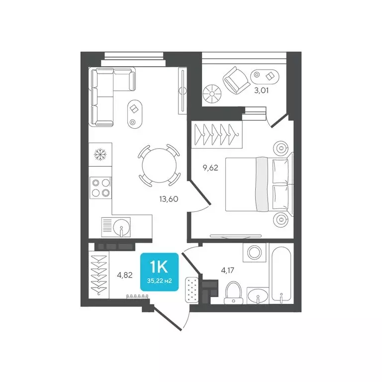 1-комнатная квартира: Дербыши, жилой комплекс Дабл-Дабл (35.22 м) - Фото 1