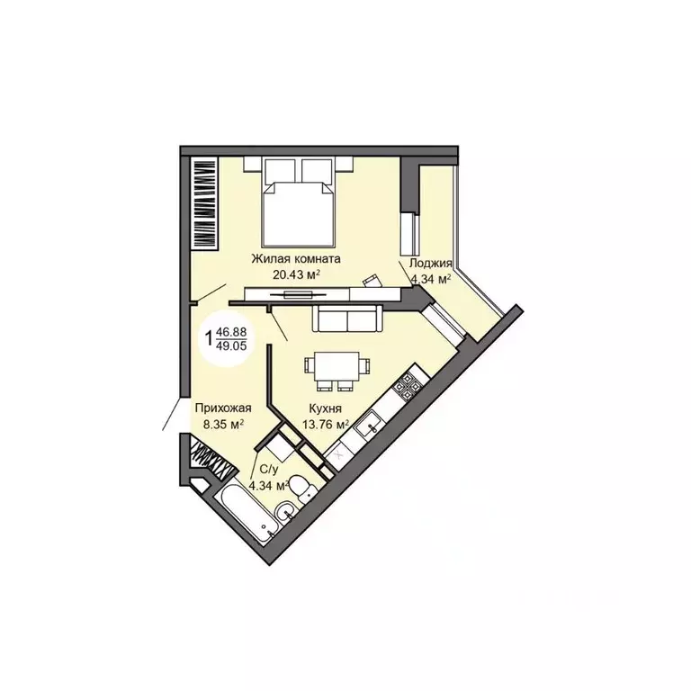 1-к кв. Орловская область, Орел Межквартальная ул., 3 (48.9 м) - Фото 1